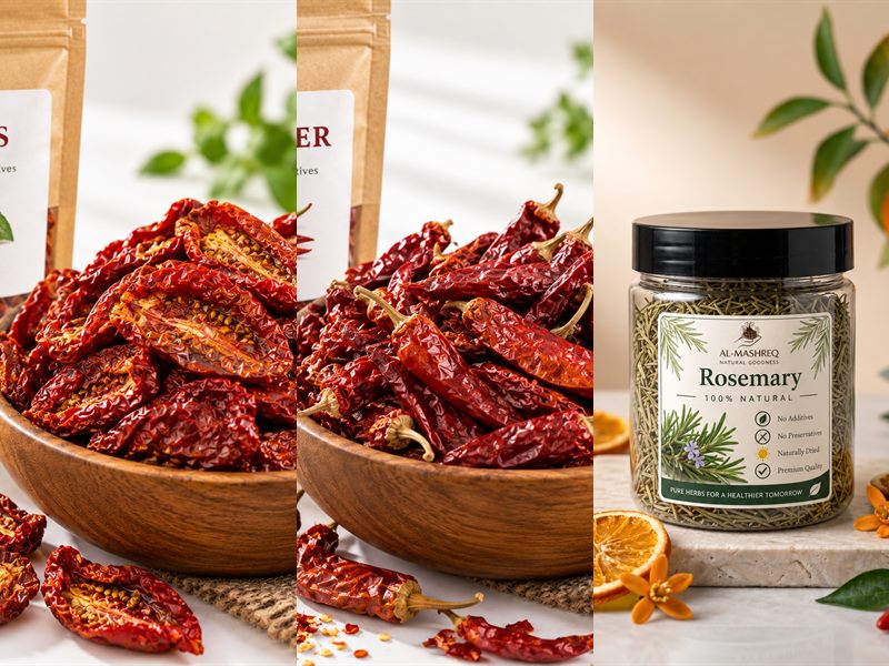 Sun-dried herbs, fruits and vegetables